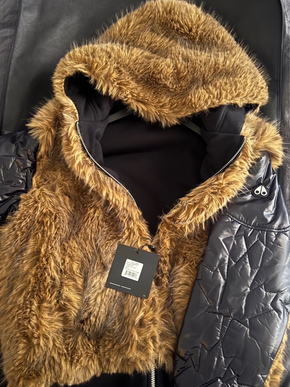 Moose Knuckles Brown Faux Fur Hooded Puffer with Black Quilted Sleeves